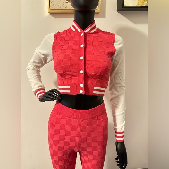 Raspberry Two Piece Varsity Knit Jacket High Waisted Knit Leggings Set - Picture 4 of 13